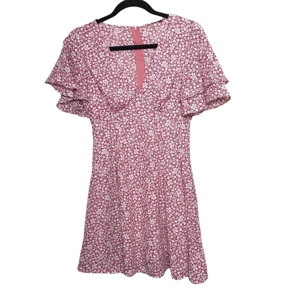 Pink Floral Short Sleeve Deep V Neck Empire Waist Mini Dress